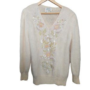 Vtg Lido New York Women's Sz L Ivory Knit Angora Rhinestones Top Sweater